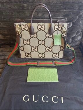 Gucci Beige Brown GG Canvas Tote with Green Red Web Strap and Brown Trim